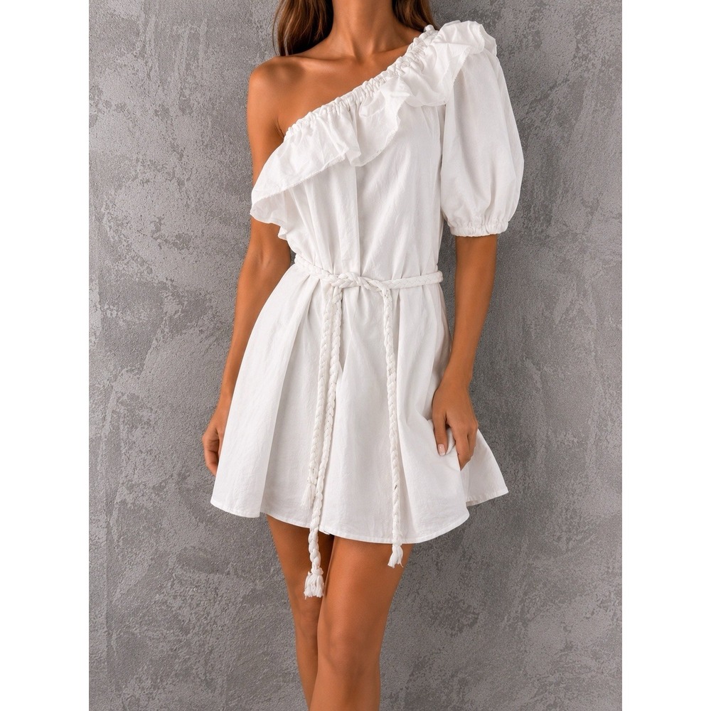 Rhode x Target Poplin One Shoulder Mini Dress Womens Medium White Ruffle Belted